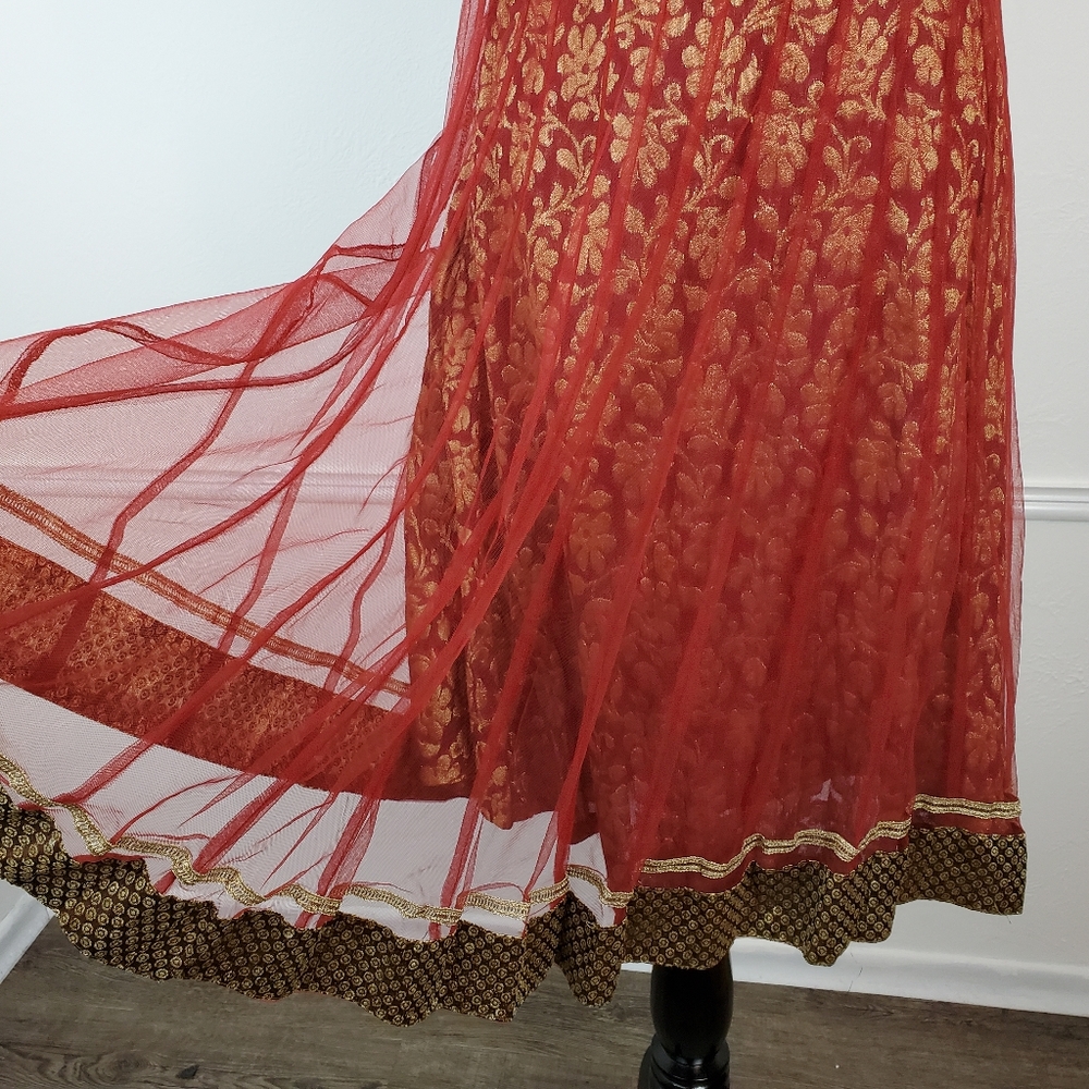 Traditional Indian Dress Pakistani Beaded Floral Embellished Metallic Burnt Red - Picture 12 of 16